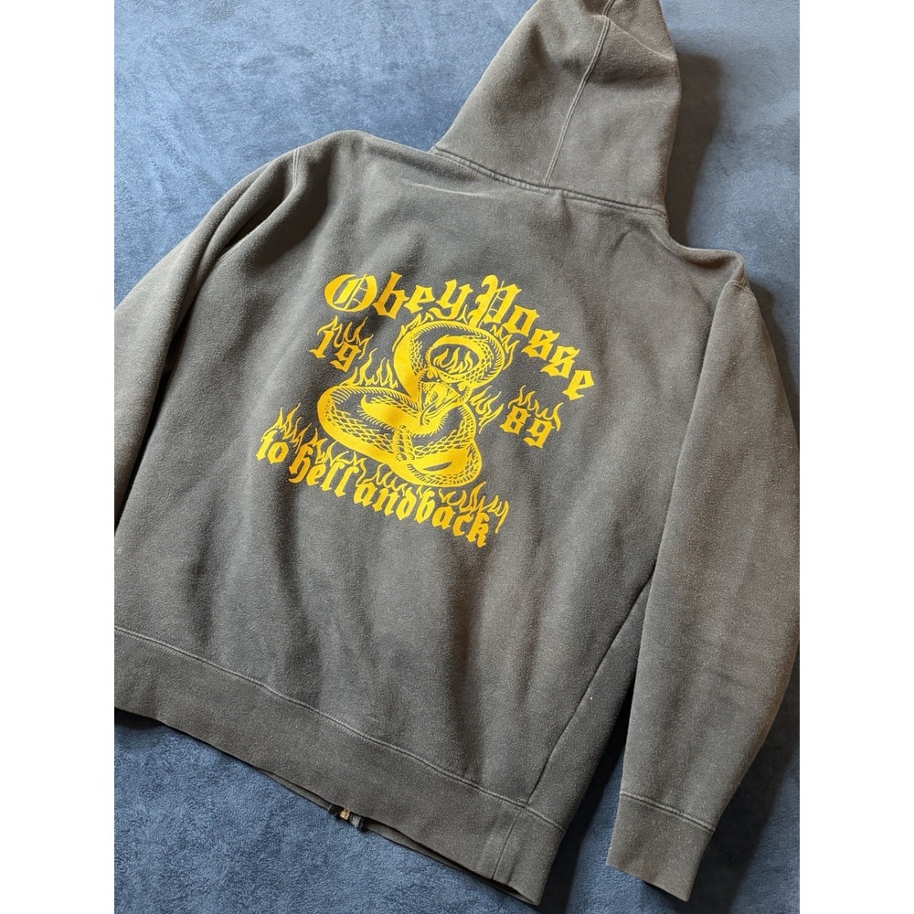 Vtg Obey Posse Serpent Full Zip Hoodie Mens Medium Faded Navy Blue Streetwear